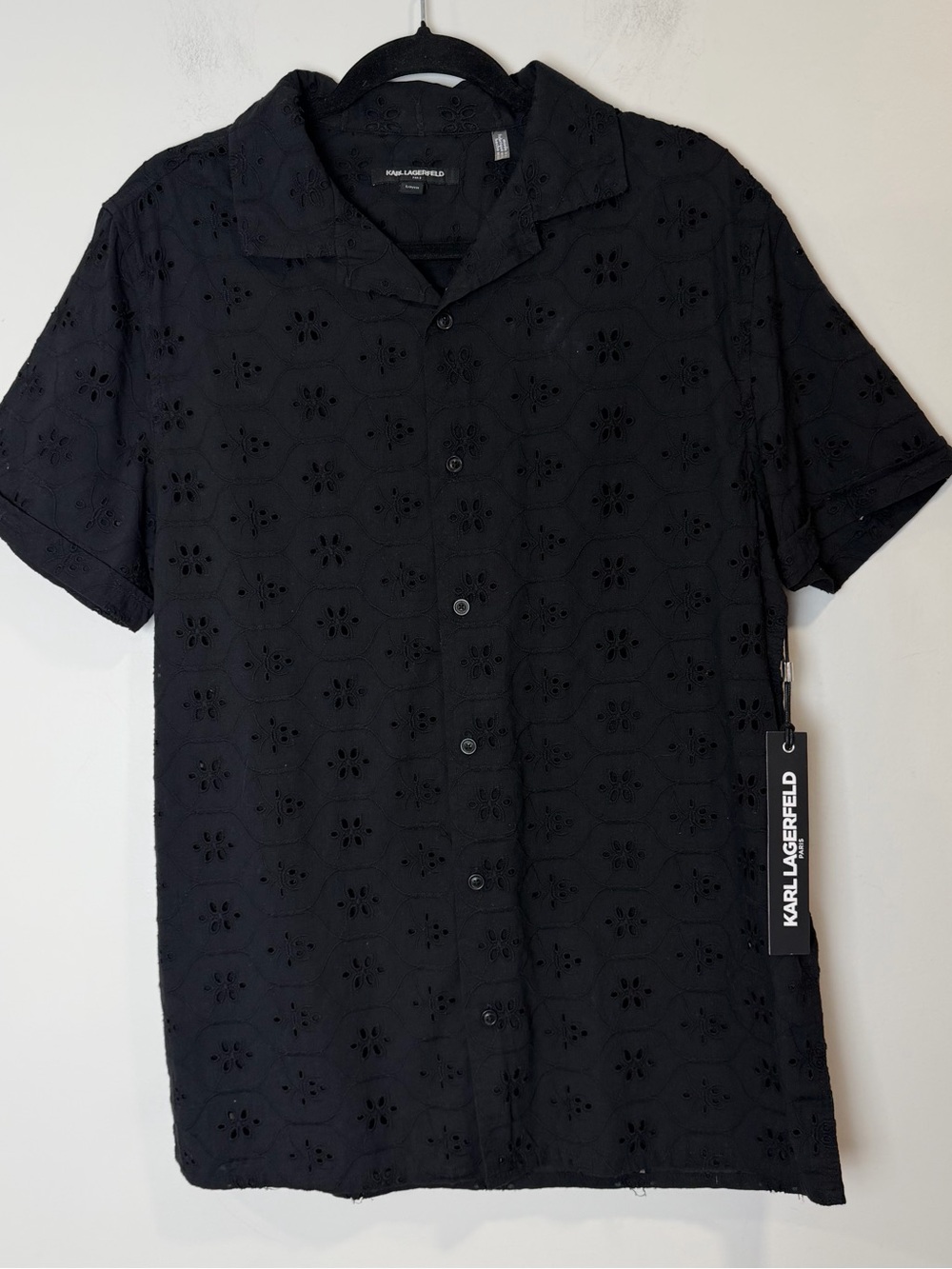 KARL LAGERFELD PARIS Men's Collared Floral Eyelet Black Shirt Size S NWT